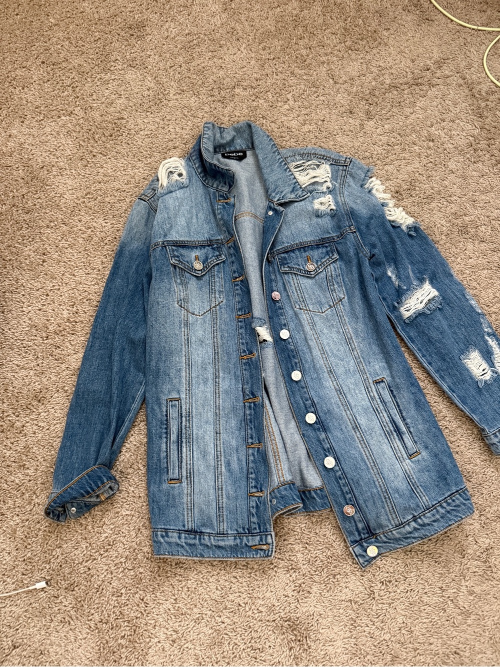 bebe Men's Distressed Light Blue Denim Jacket